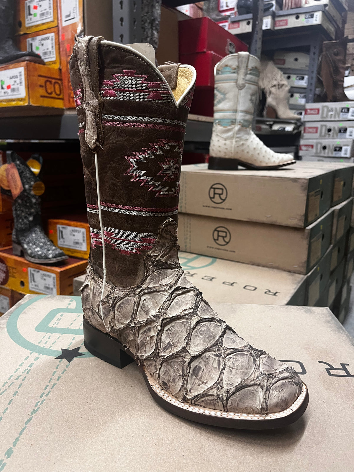 Roper Women’s Big Fish Aztec Pirarucu Boots Handcrafted Tan Jack’s Western and Outdoor Wear