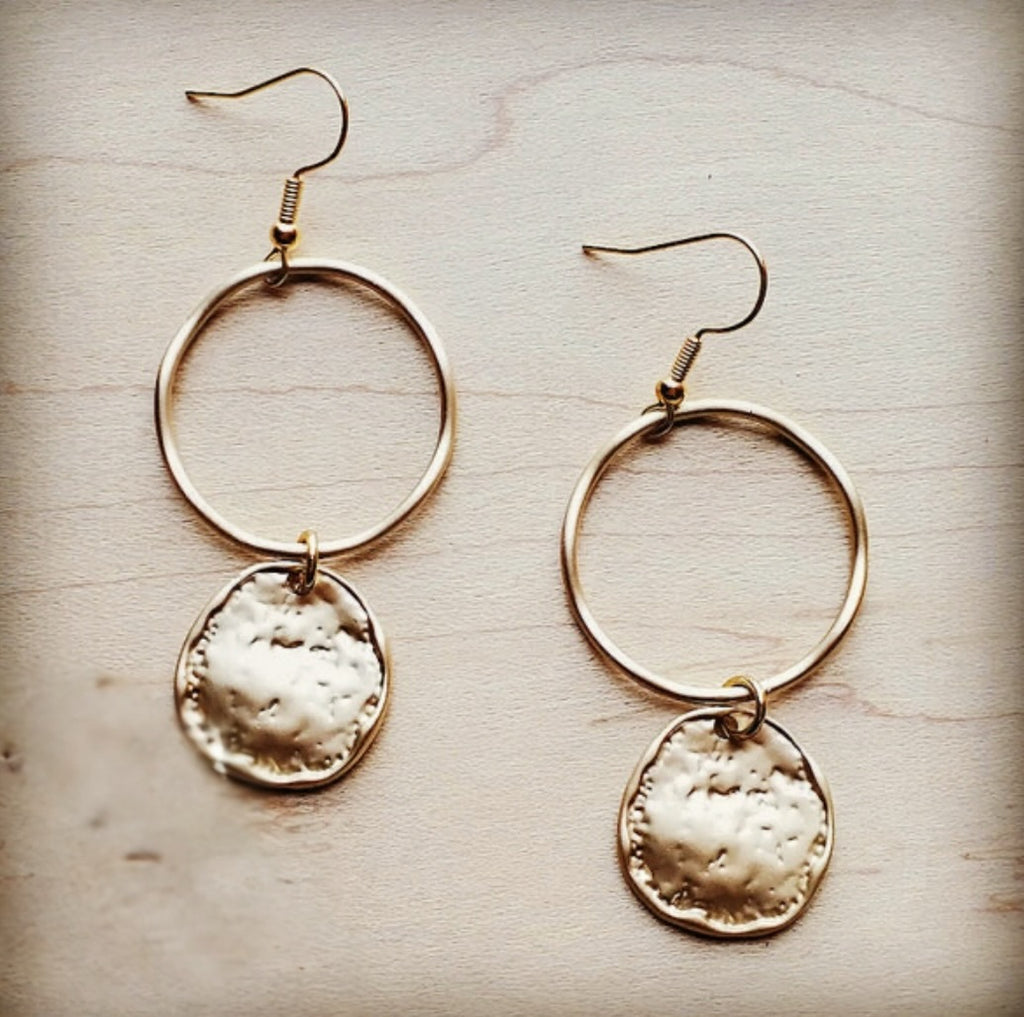 Matte Gold Hoop Earrings with Coin Dangle Matte Gold Hoop Earrings with Coin Dangle